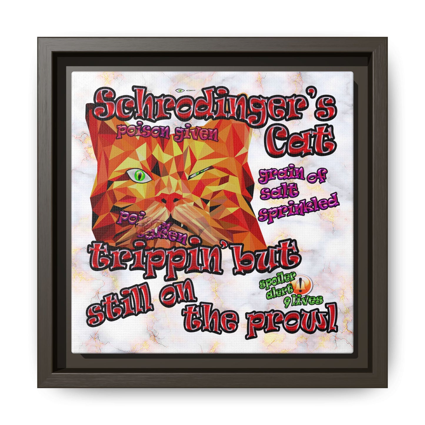 schrodinger's cat - framed canvas art (white marble)