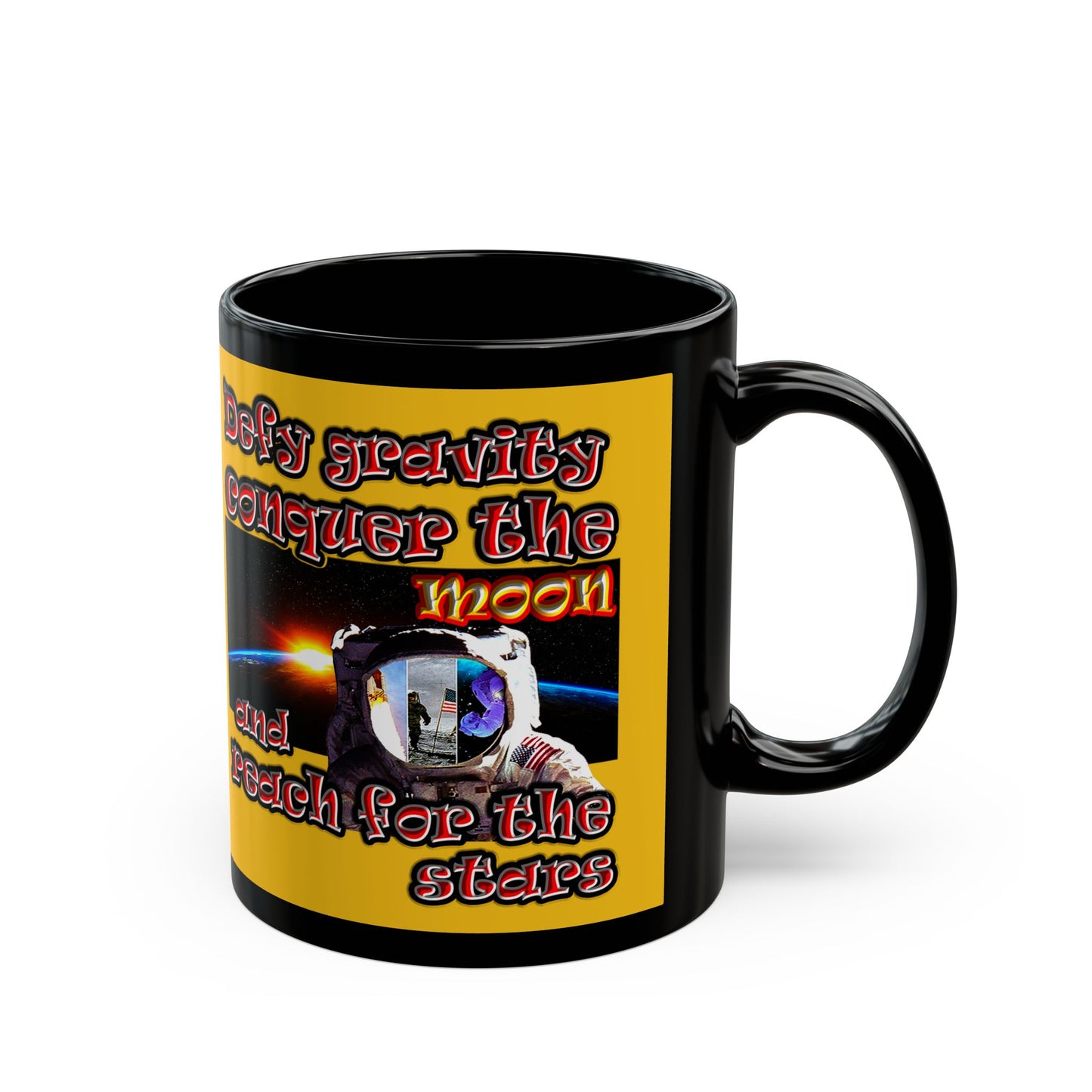 defy conquer reach - Black Mug (yellow)
