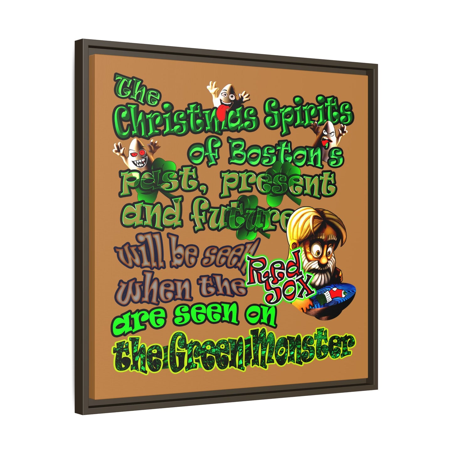christmas spirits of boston - framed canvas art (light brown)