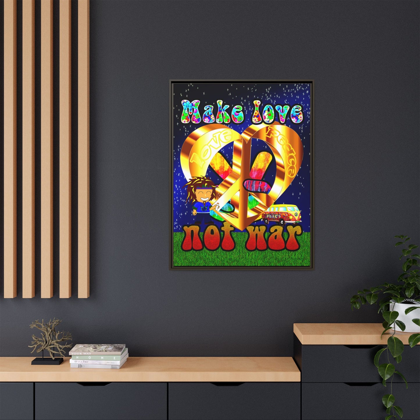 love peace - framed canvas art ('snoops' background)