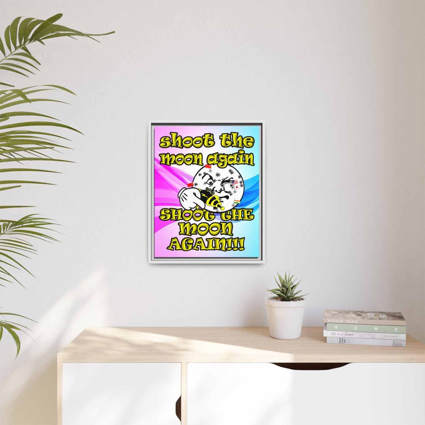 shoot the moon again - framed canvas art (light blue-pink wave)
