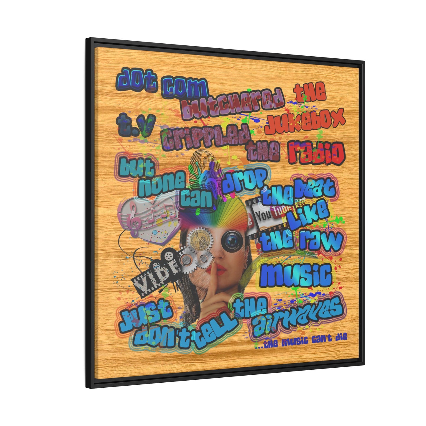 drop the beat - framed canvas art (butterscotch wood finish)