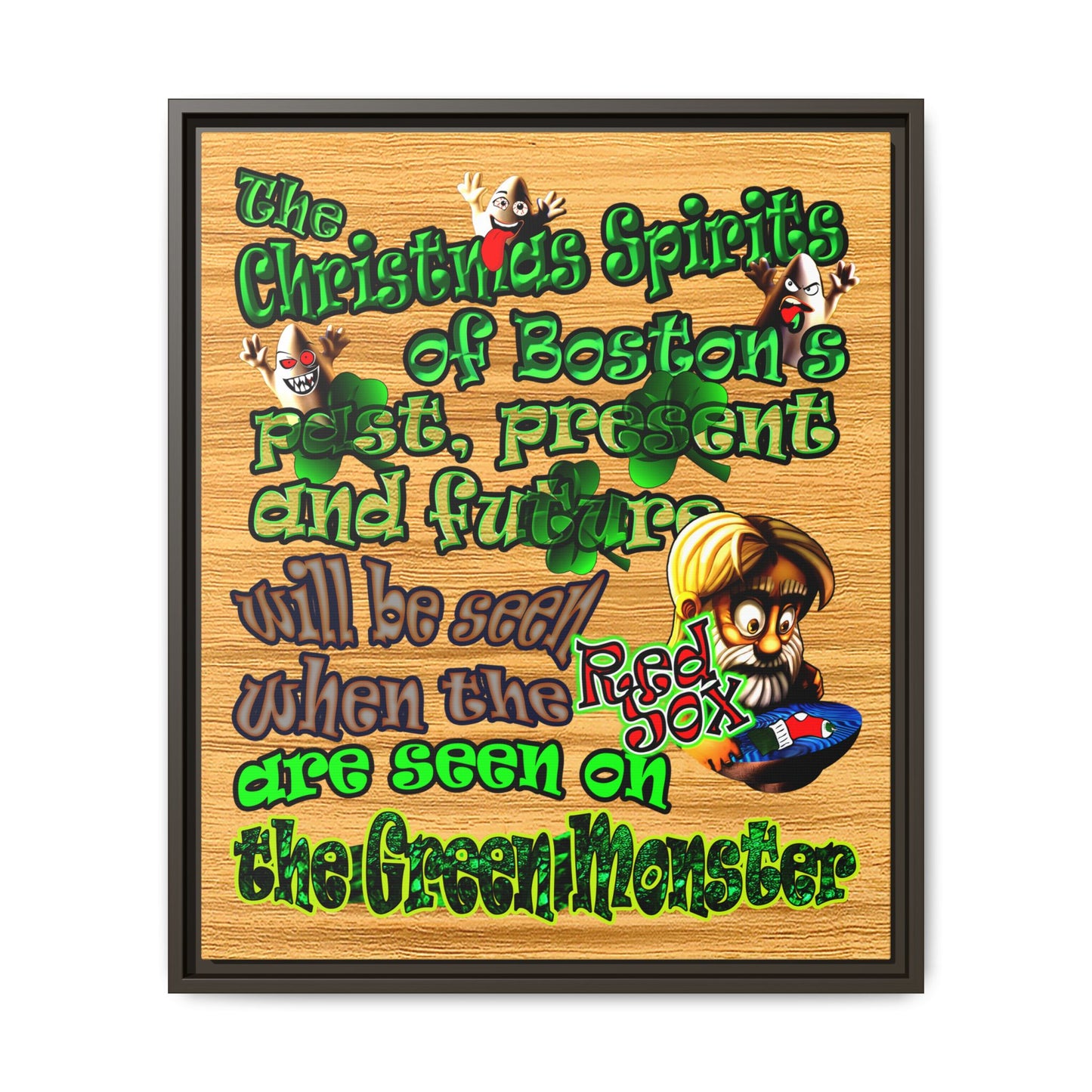 christmas spirits of boston - framed canvas art (butterscotch wood finish)