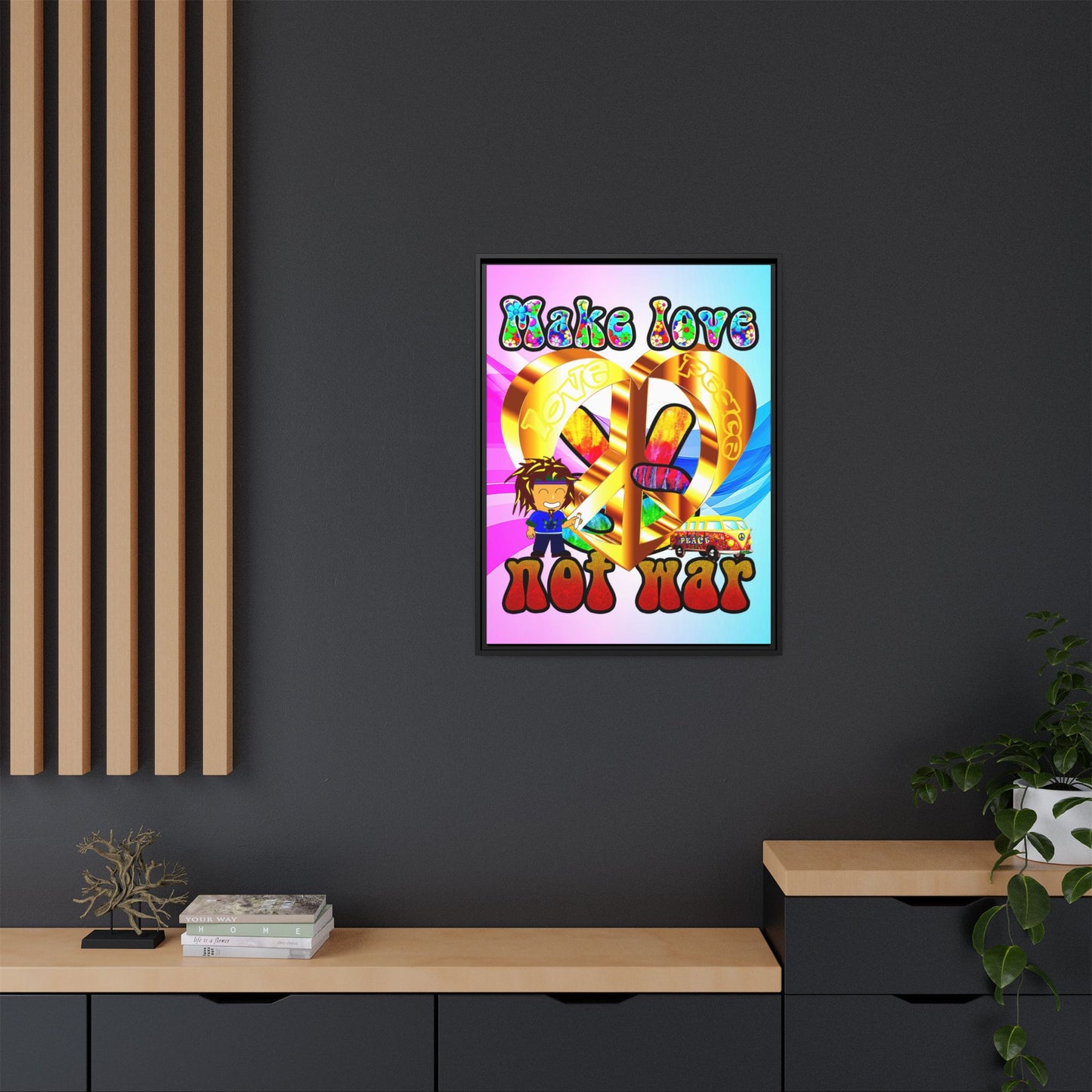 love peace - framed canvas art (light blue-pink wave)