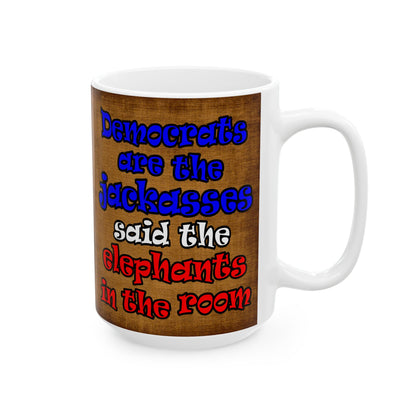 donkeys and elephants - White Mug (brown papyrus)