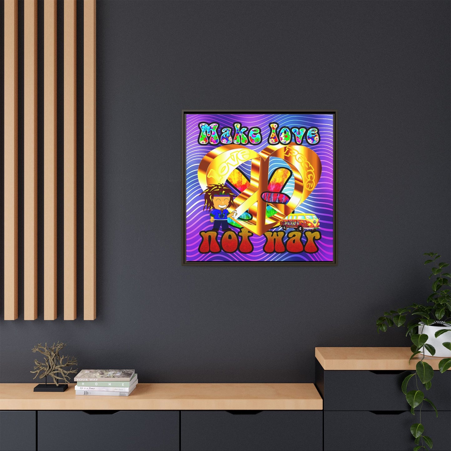 love peace - framed canvas art (purple wave)