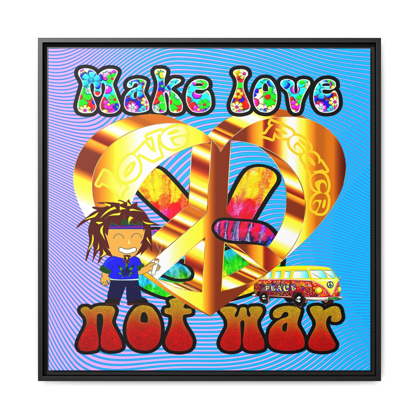 love peace - framed canvas art (light blue-purple wave)