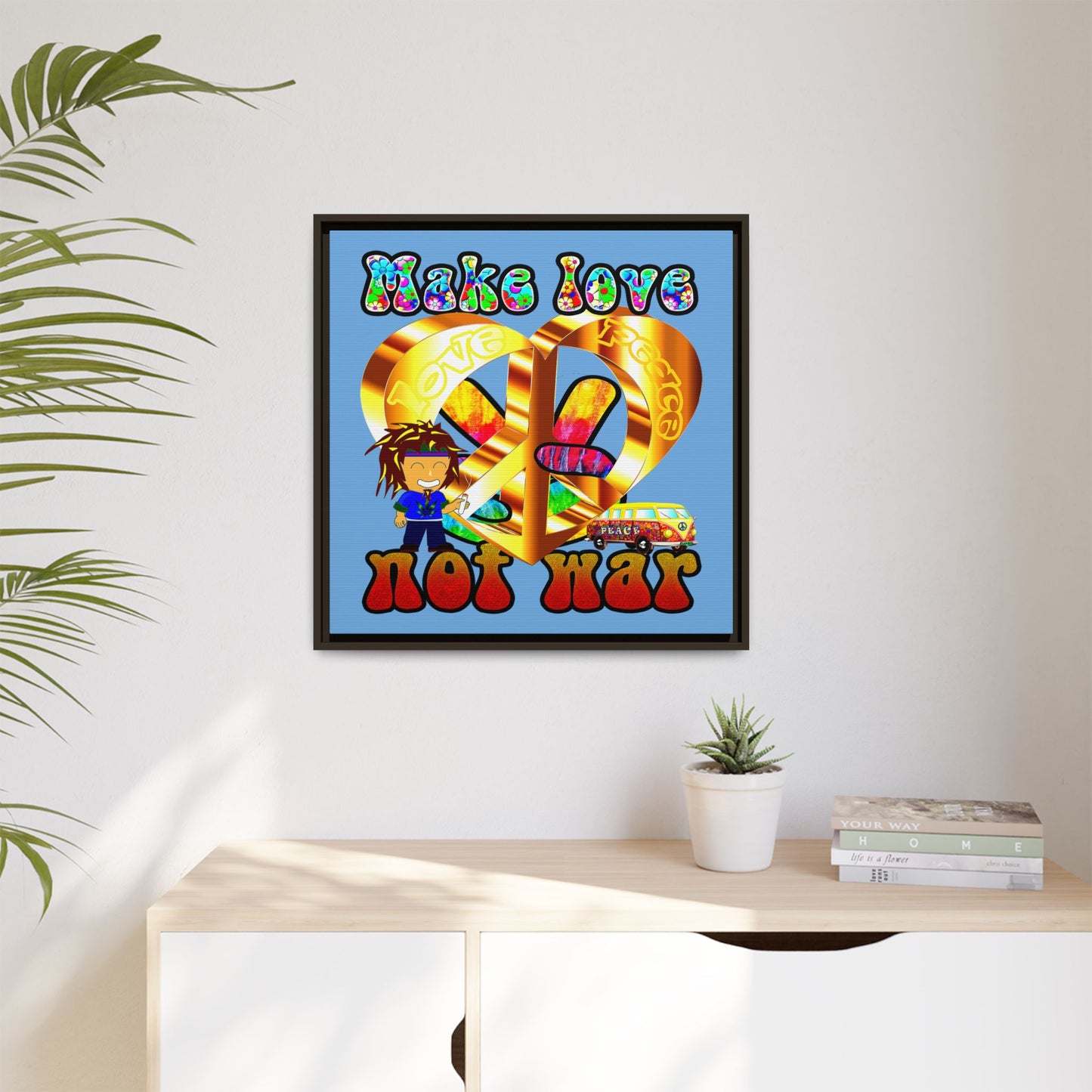 love peace - framed canvas art (light blue)