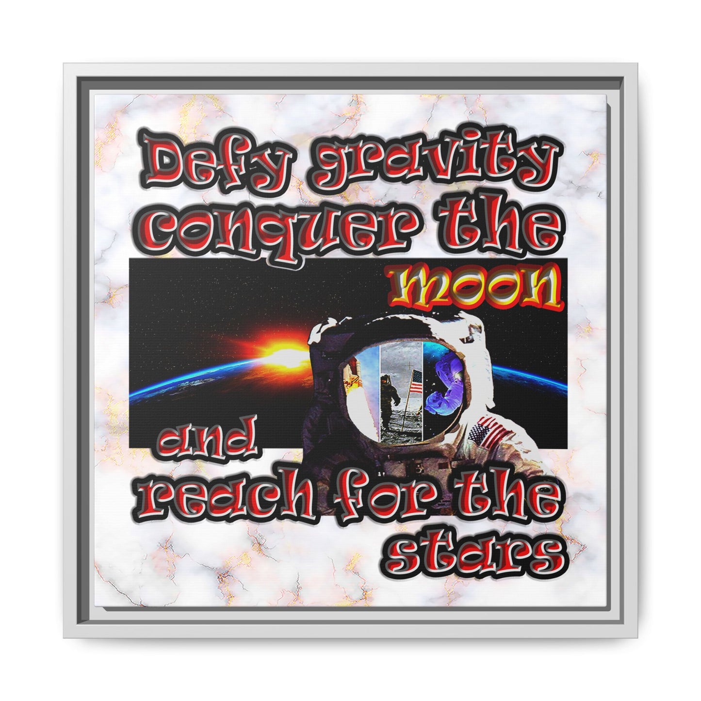 defy conquer reach - framed canvas art (white marble)