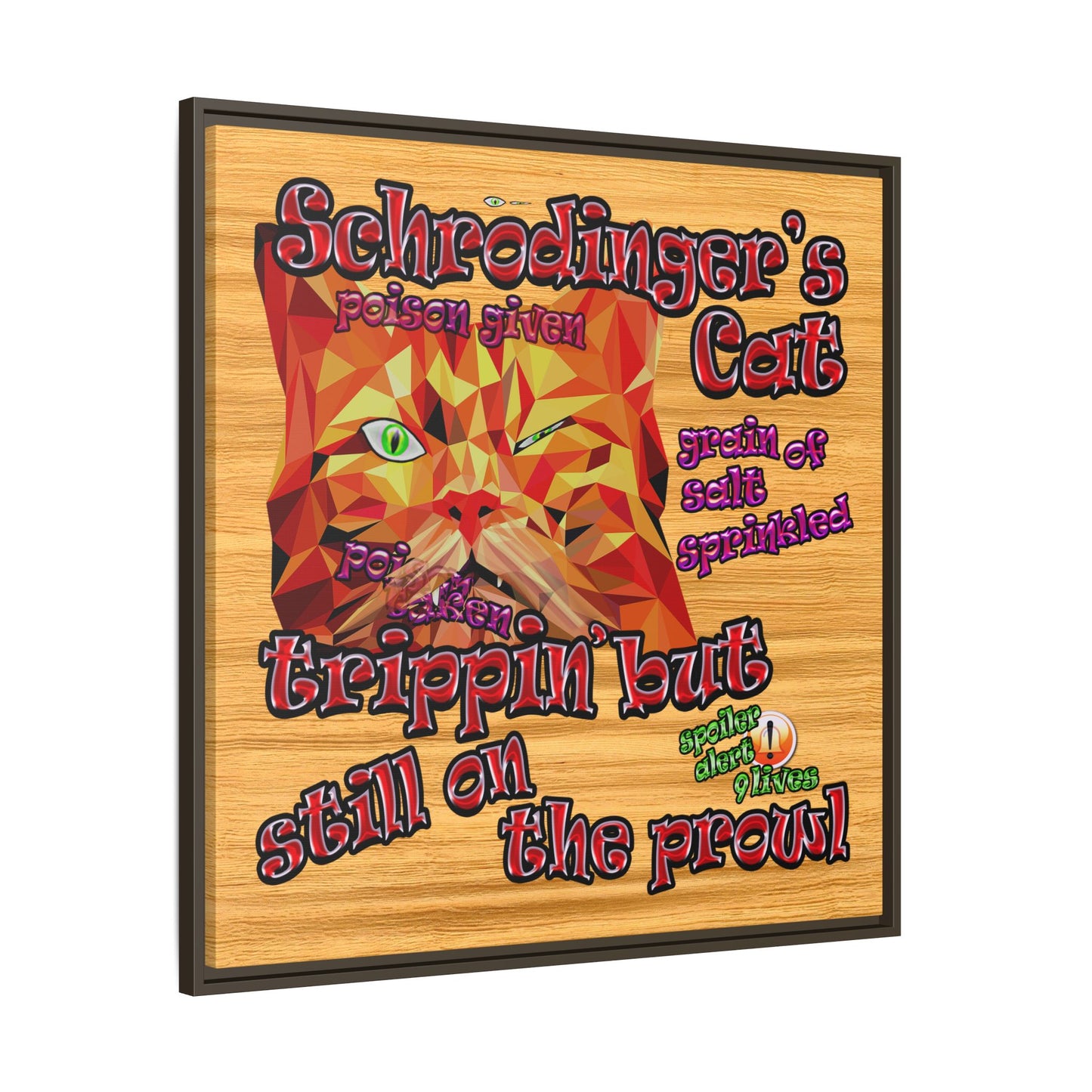 schrodinger's cat - framed canvas art (butterscotch wood finish)