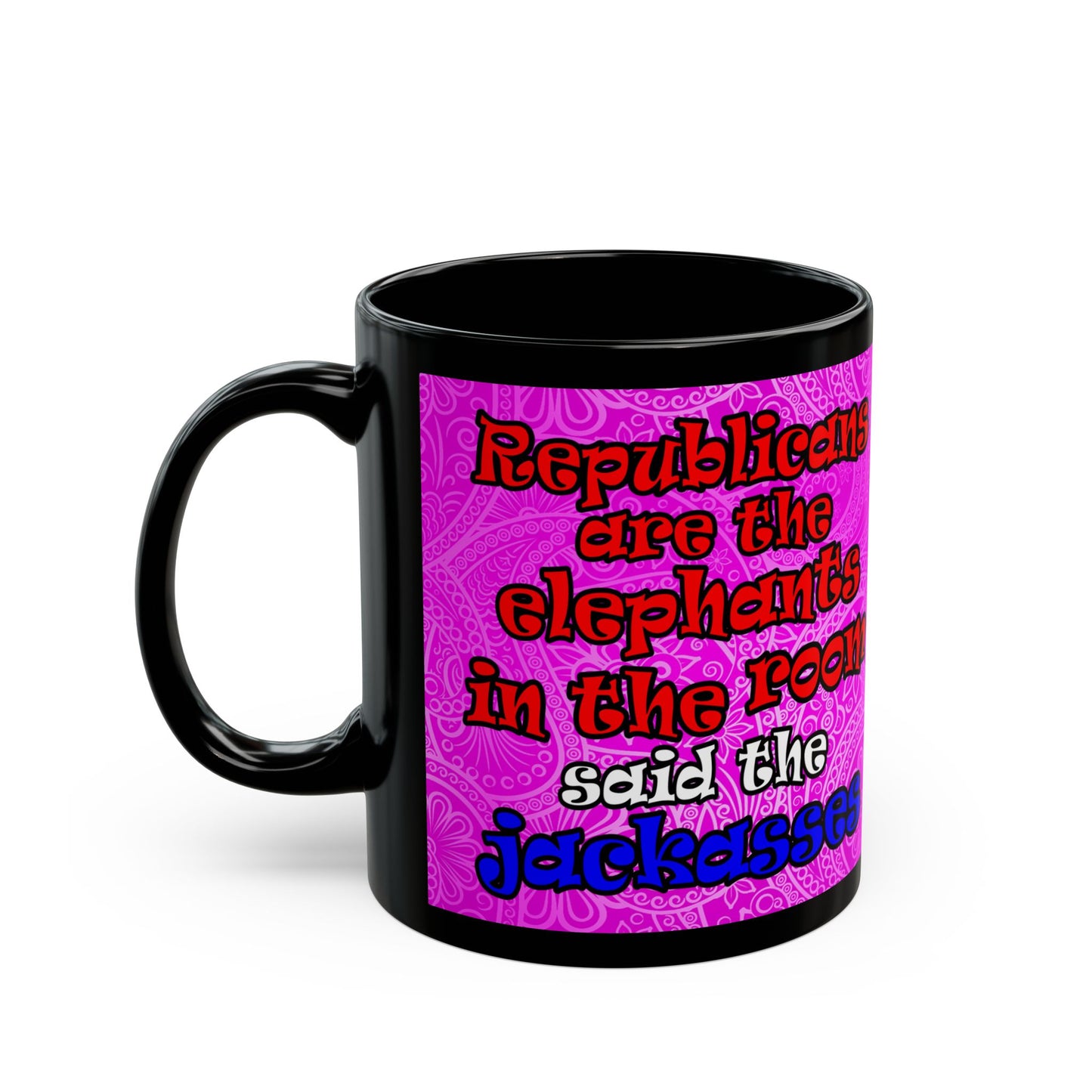 donkeys and elephants - Black Mug (pink swirl)