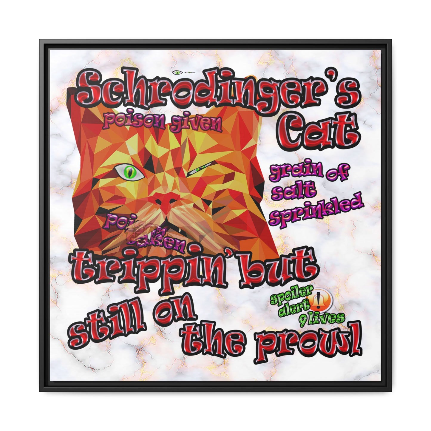 schrodinger's cat - framed canvas art (white marble)
