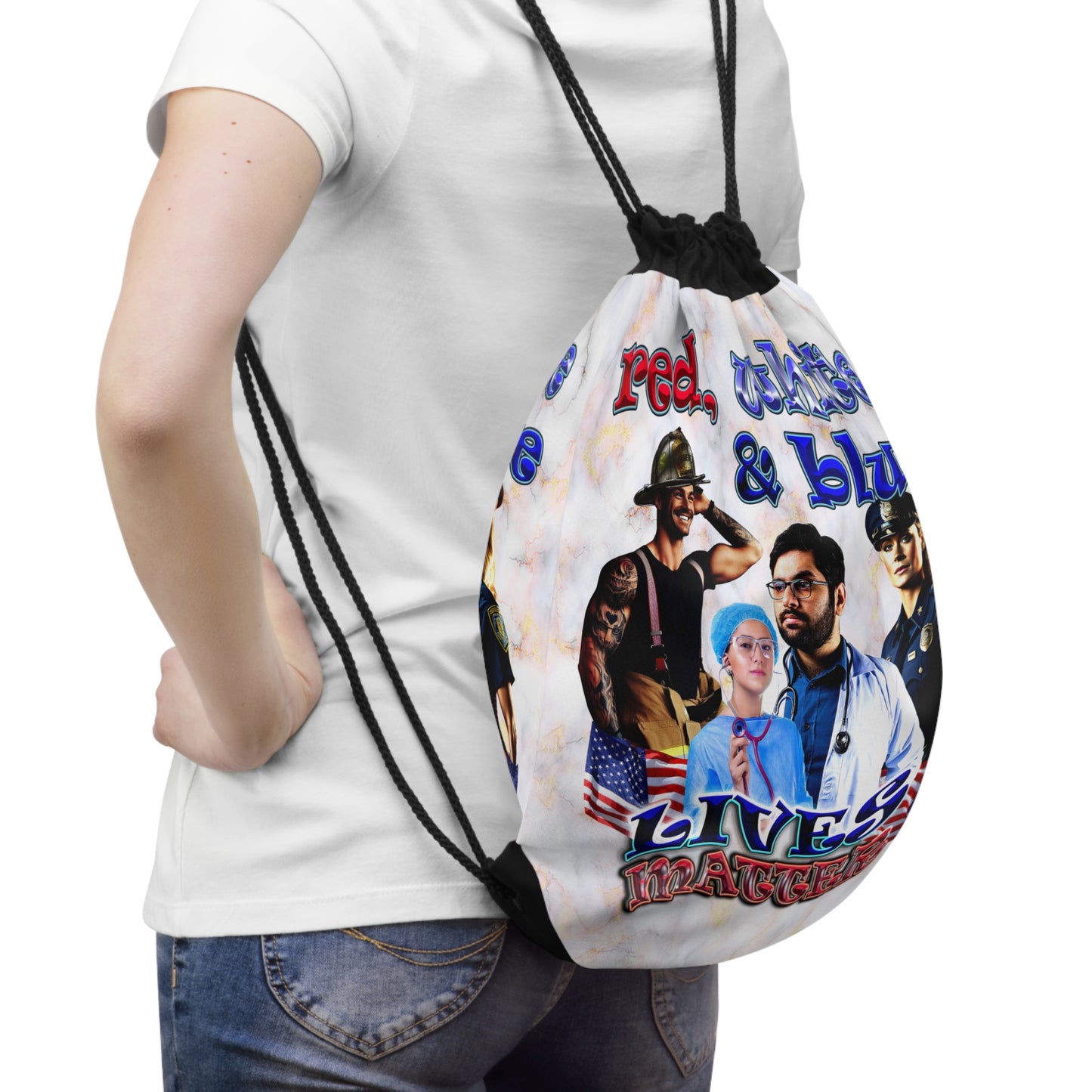 rw&b lives matter - Drawstring Bag (white marble)