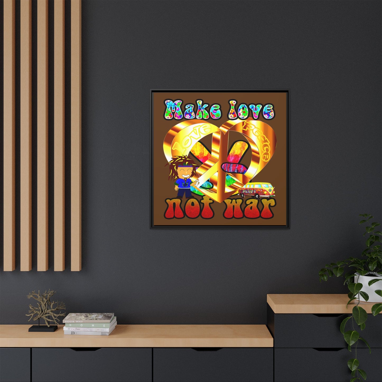 love peace - framed canvas art (brown)