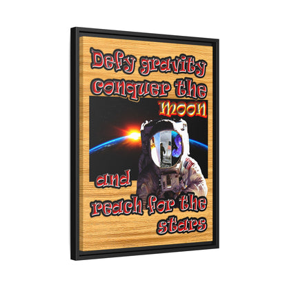 defy conquer reach - framed canvas art (butterscotch wood finish)