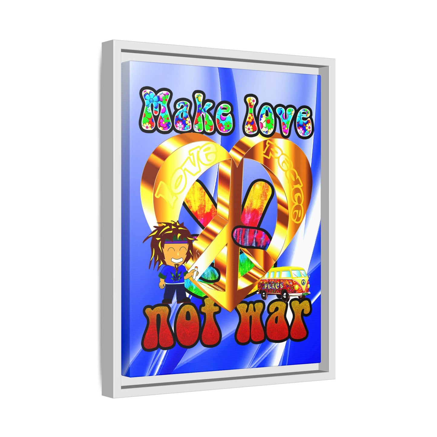 love peace - framed canvas art (blue-white wave)