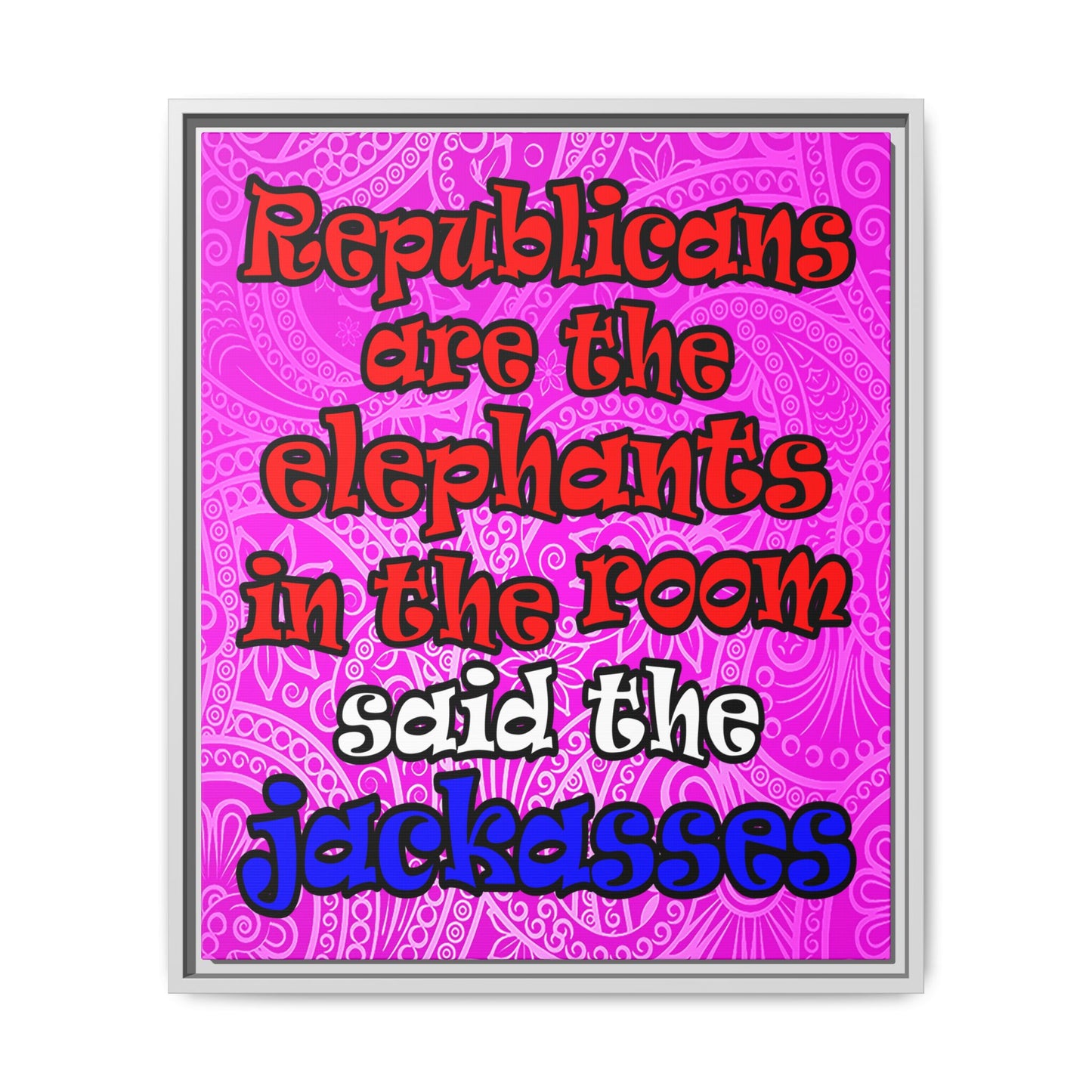 donkeys and elephants - framed canvas art (pink swirl)