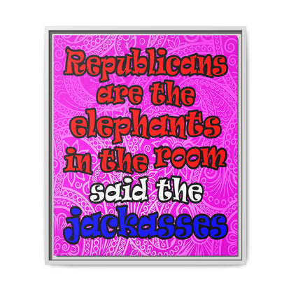 donkeys and elephants - framed canvas art (pink swirl)