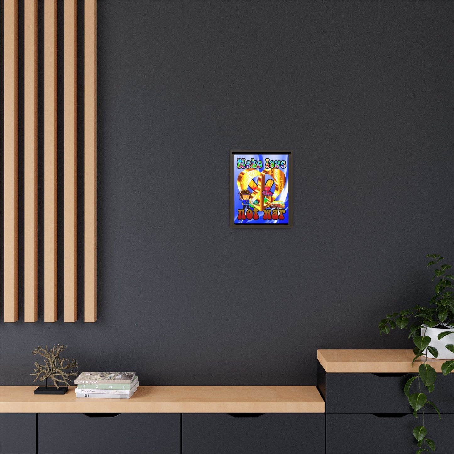love peace - framed canvas art (blue-white wave)