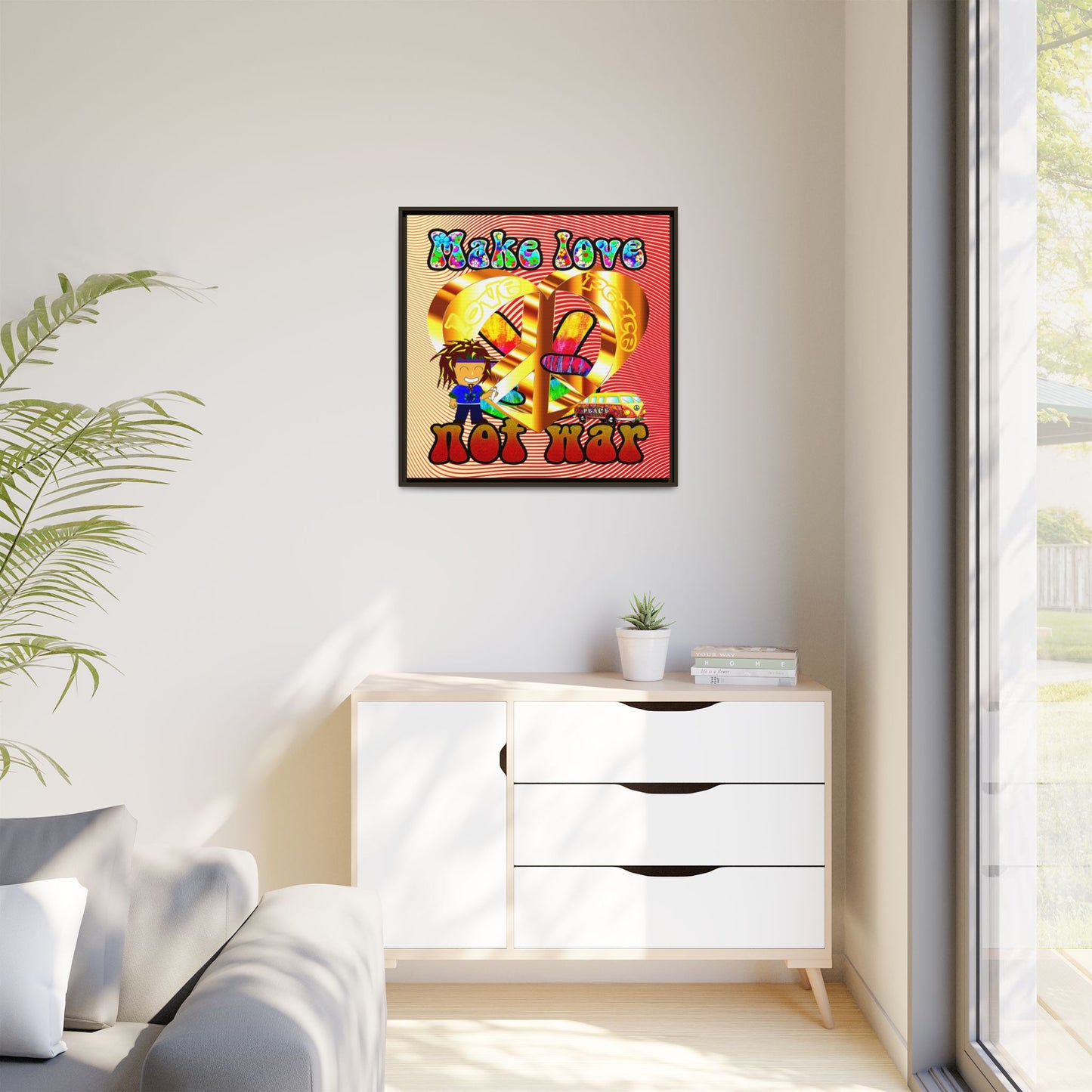 love peace - framed canvas art (yellow-orange wave)