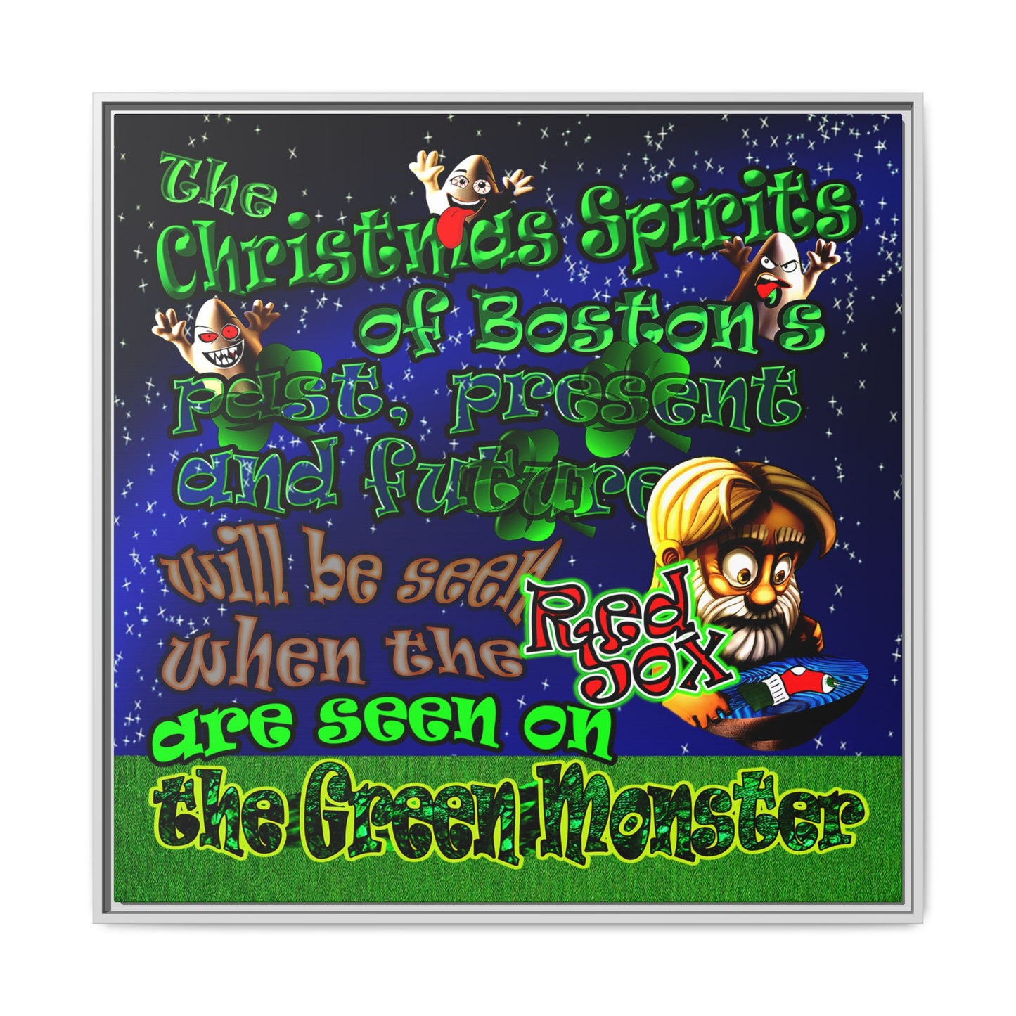 christmas spirits of boston - framed canvas art ('snoops' background)