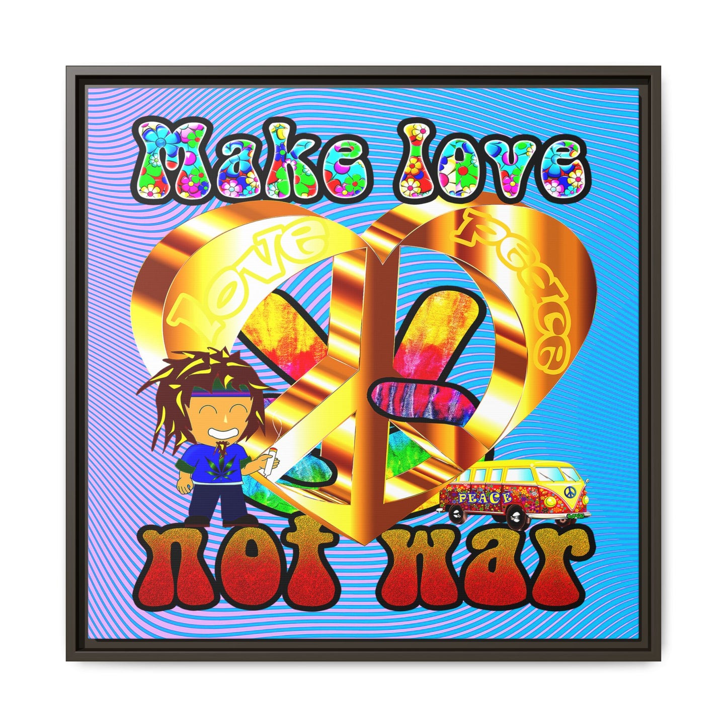 love peace - framed canvas art (light blue-purple wave)
