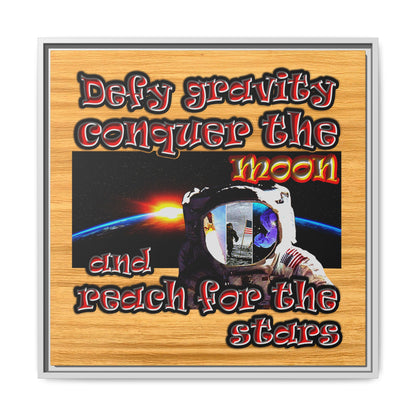 defy conquer reach - framed canvas art (butterscotch wood finish)