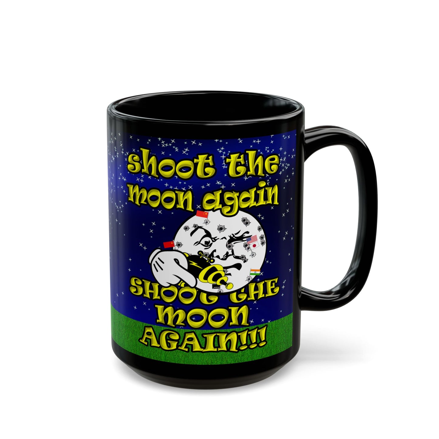 shoot the moon again - Black Mug ('snoops' background)