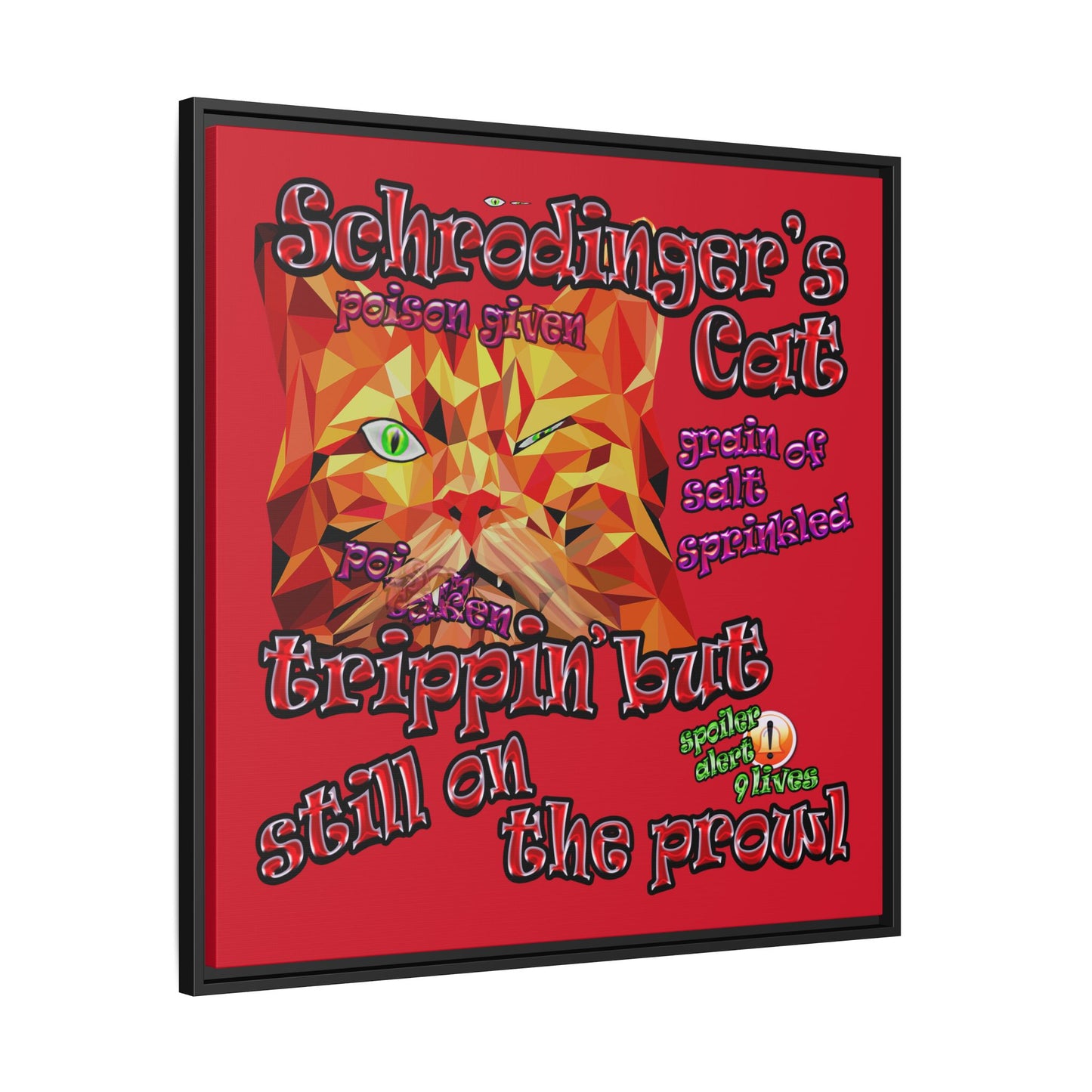 schrodinger's cat - framed canvas art (dark red)