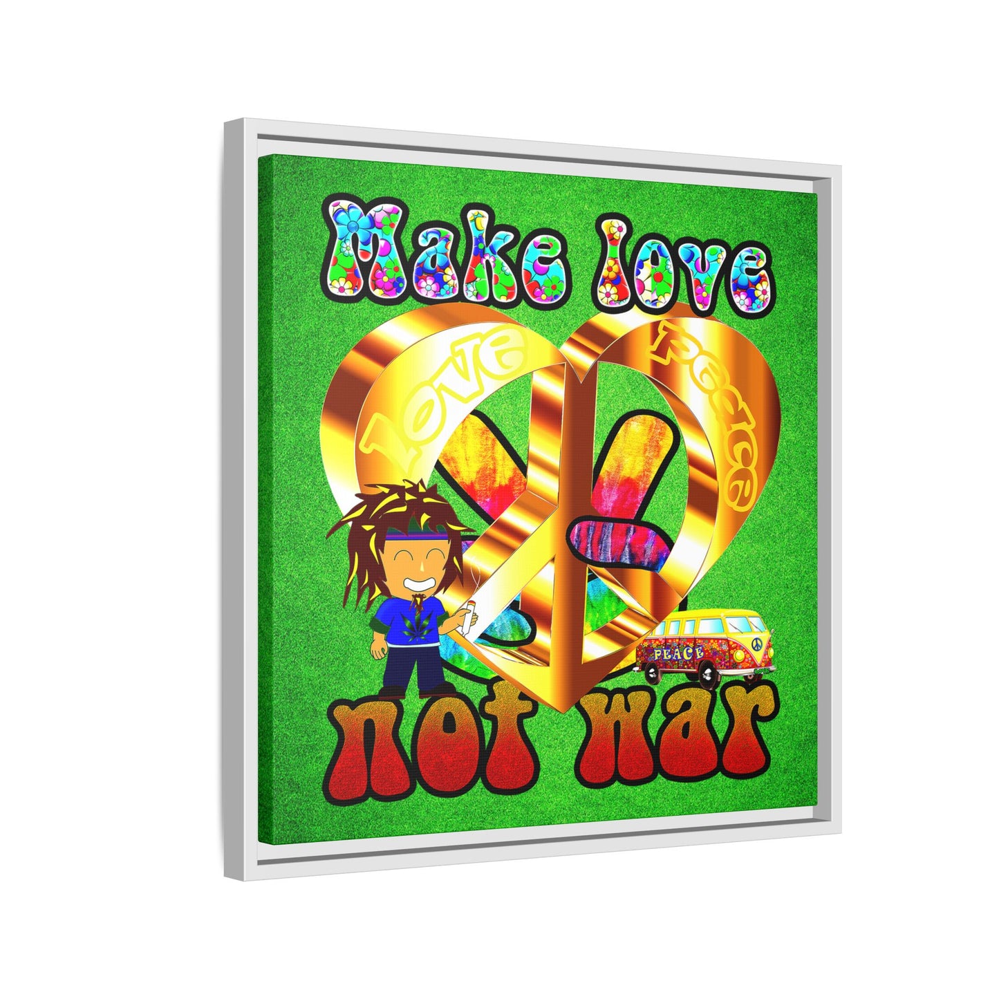 love peace - framed canvas art (green turf)