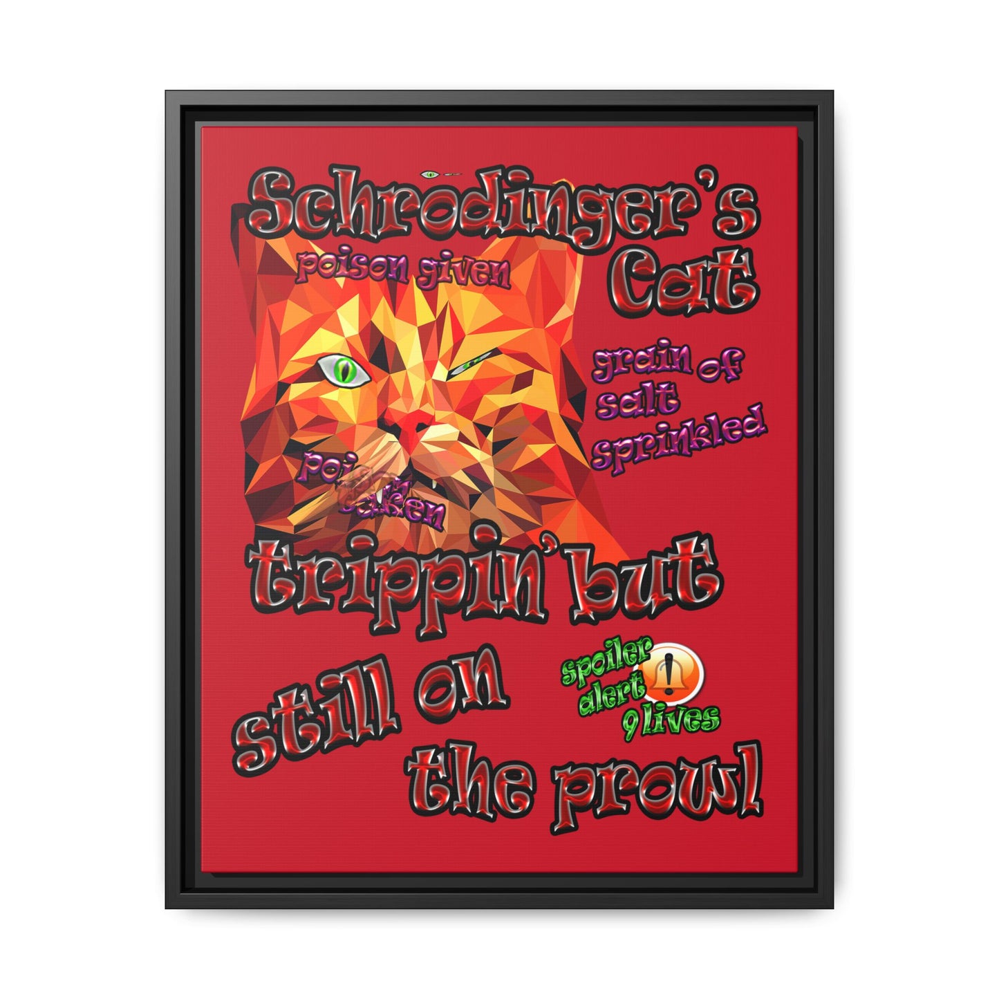 schrodinger's cat - framed canvas art (dark red)