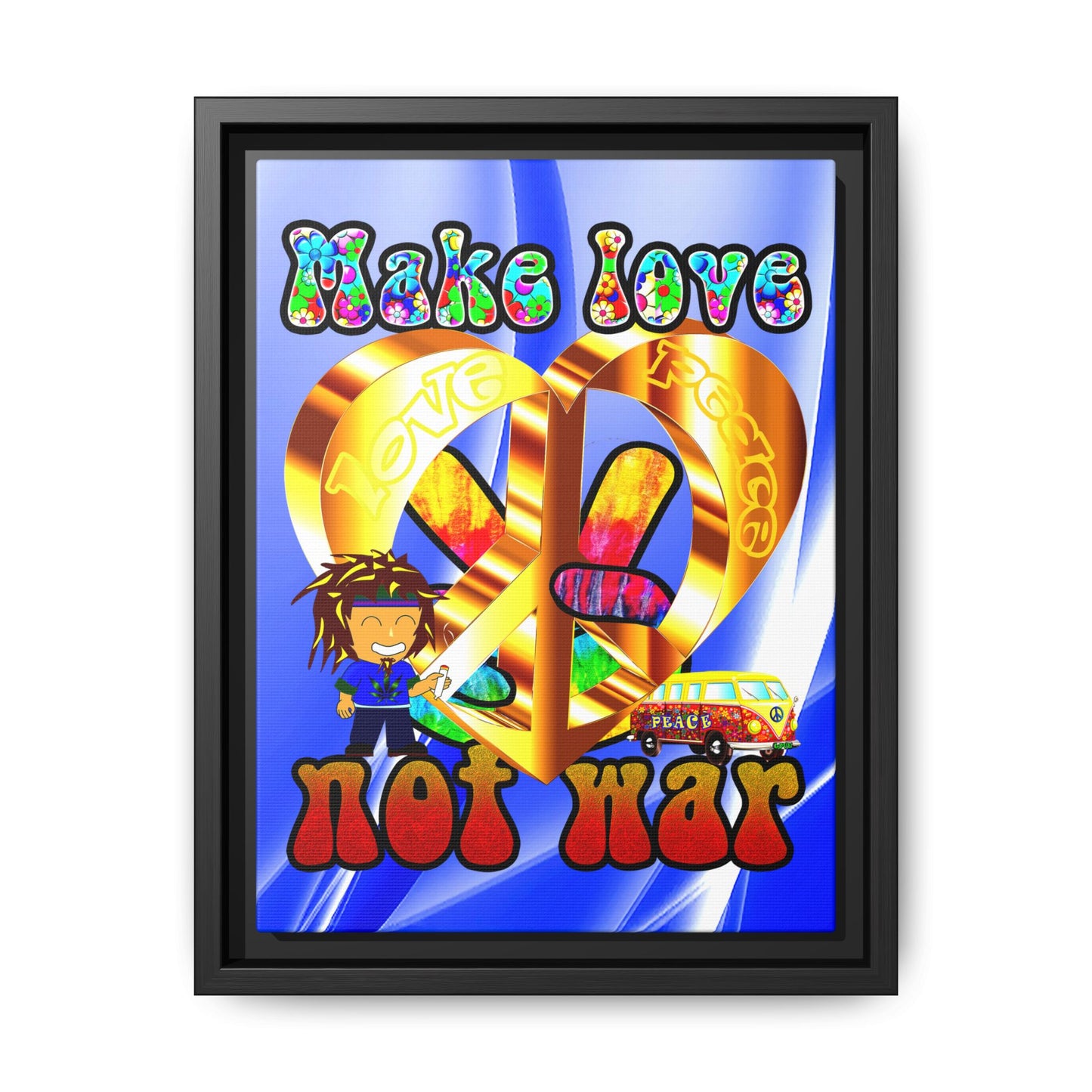 love peace - framed canvas art (blue-white wave)