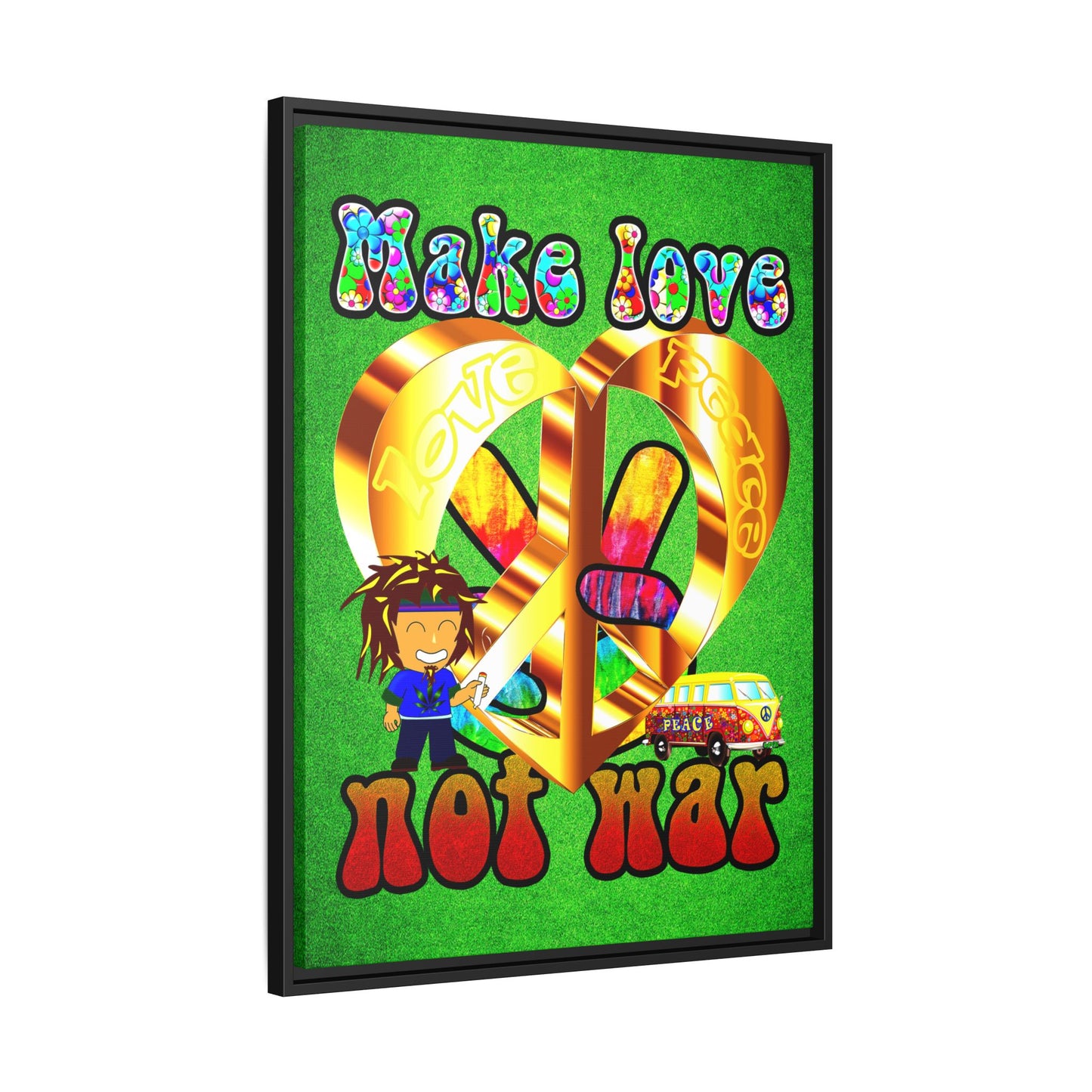 love peace - framed canvas art (green turf)