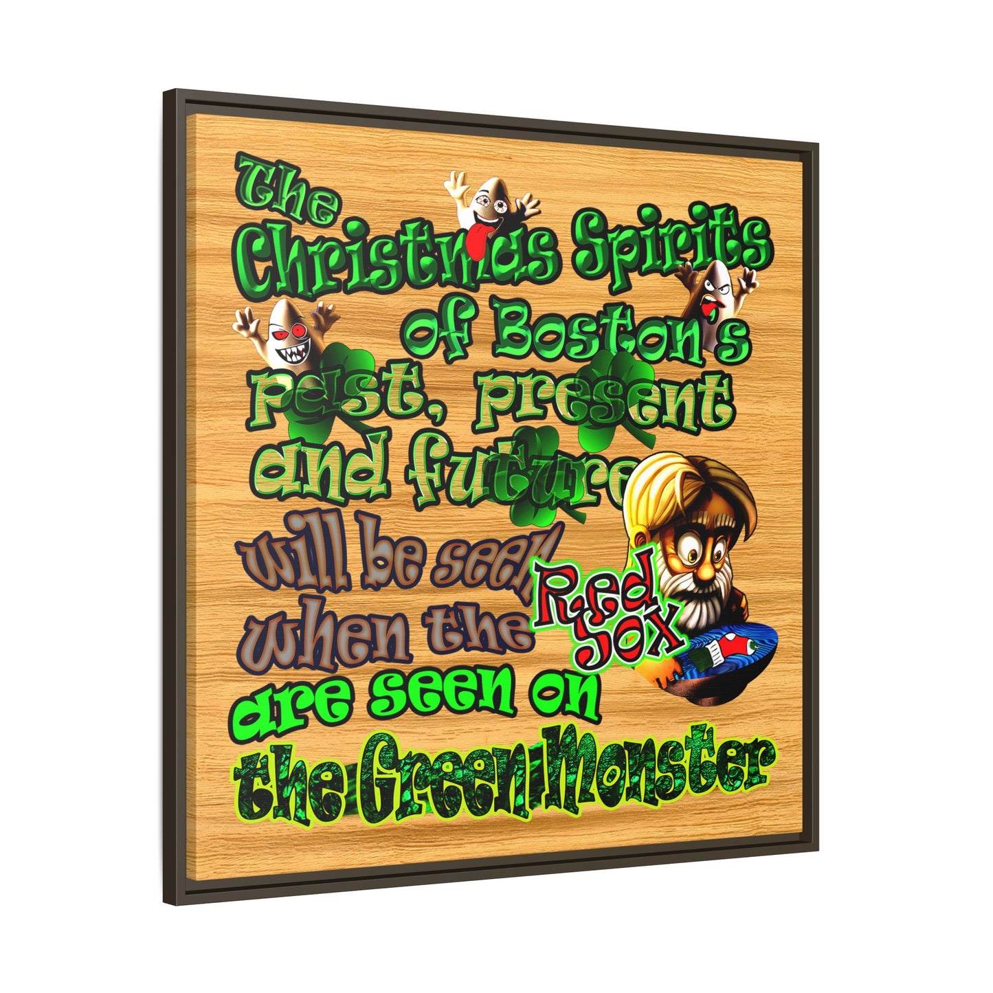 christmas spirits of boston - framed canvas art (butterscotch wood finish)
