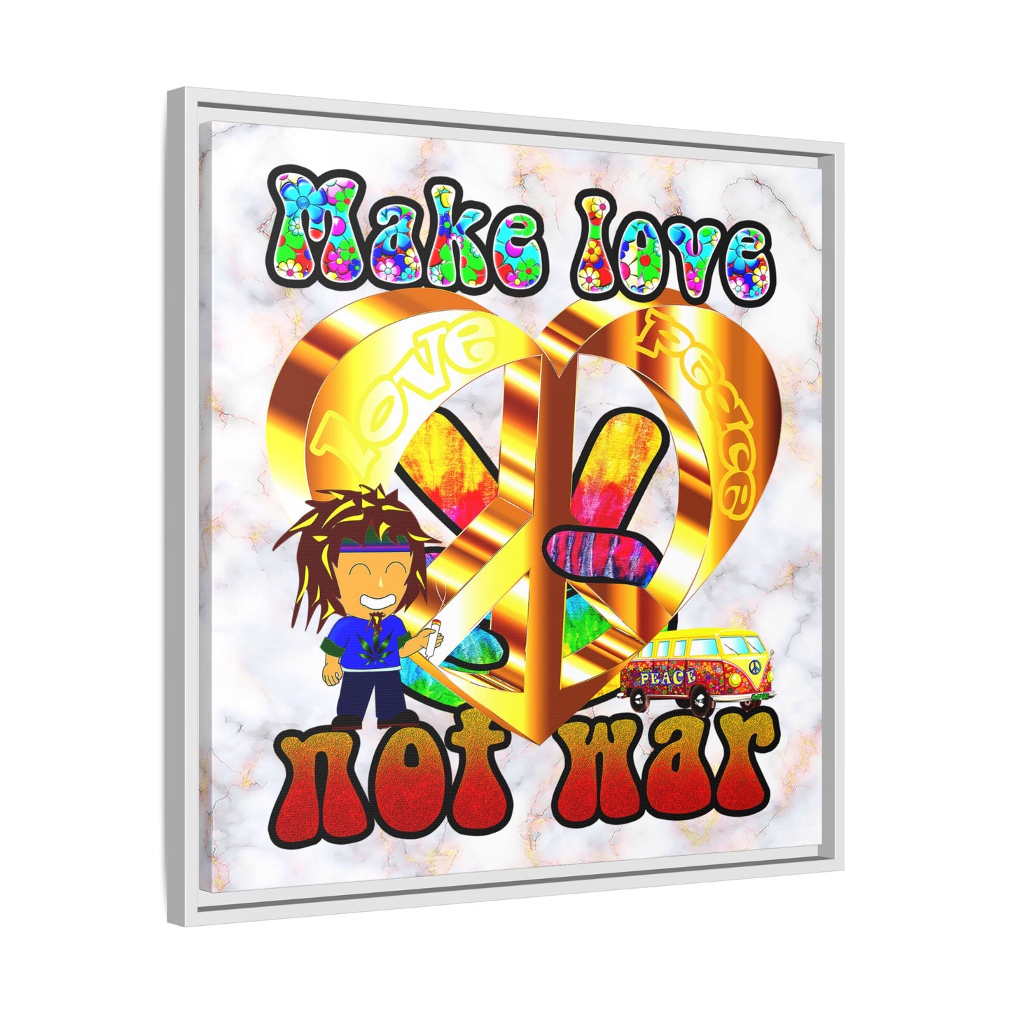love peace - framed canvas art (white marble)
