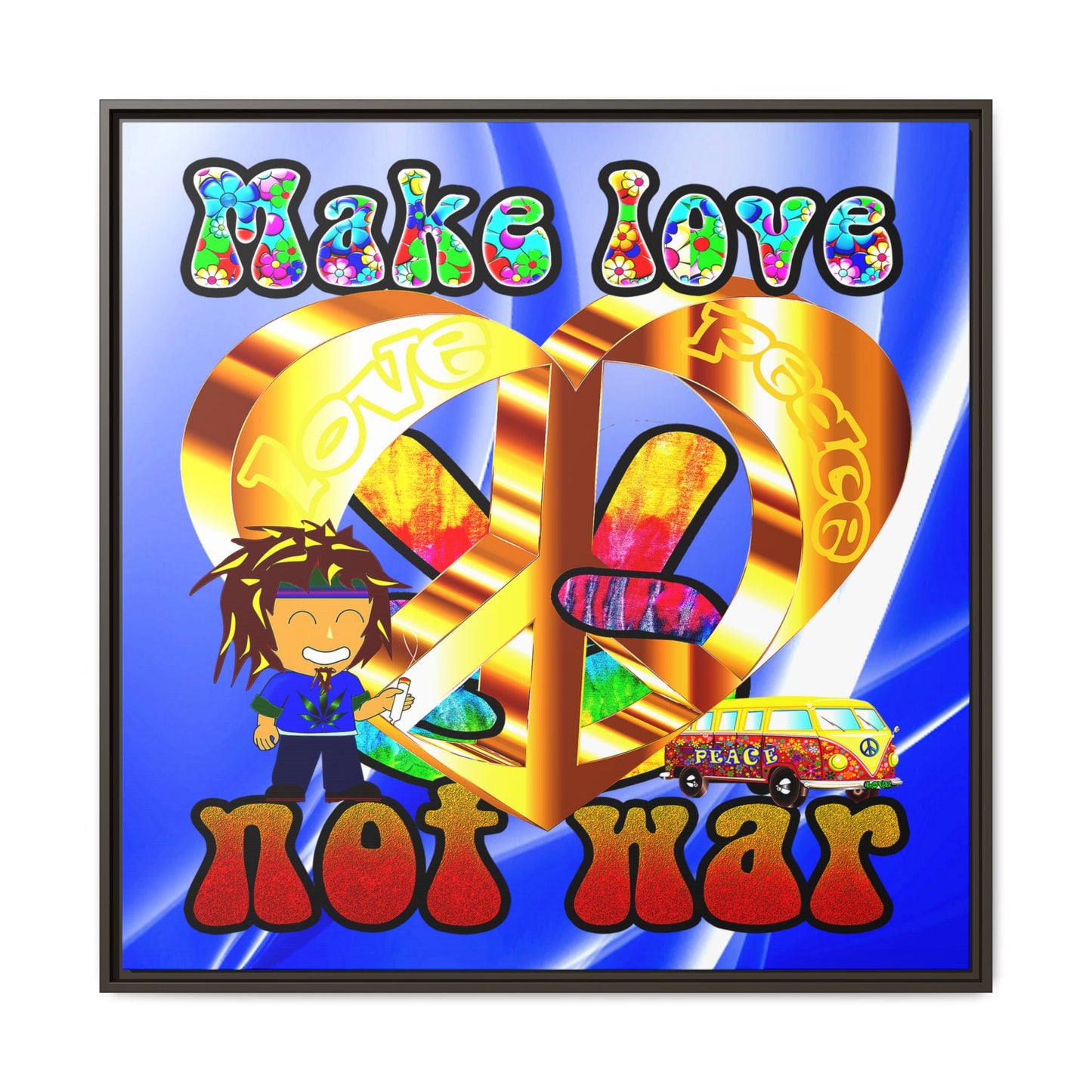 love peace - framed canvas art (blue-white wave)
