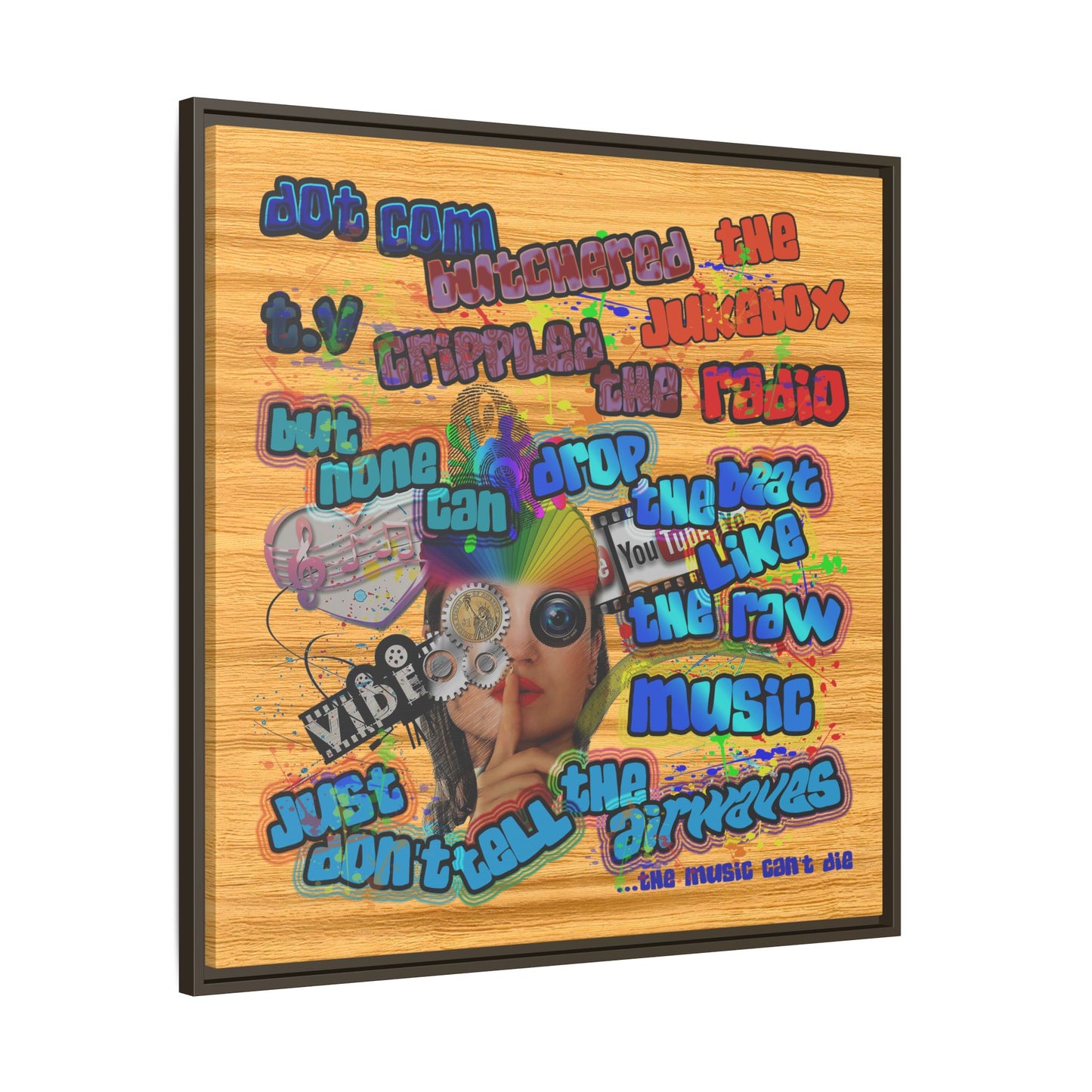 drop the beat - framed canvas art (butterscotch wood finish)