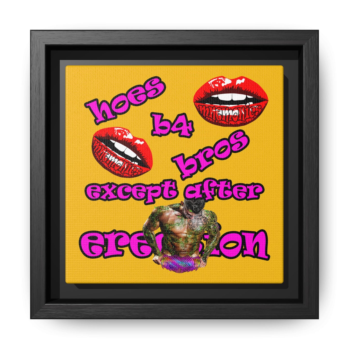 hoes b4 bros - framed canvas art (yellow)