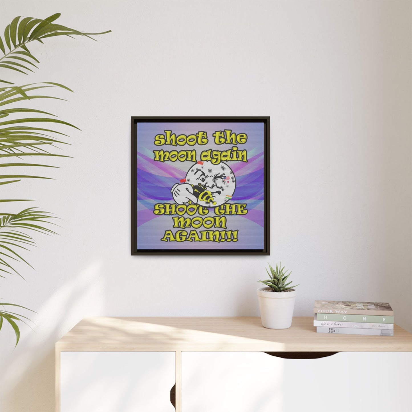 shoot the moon again - framed canvas art (light blue-pink wave)