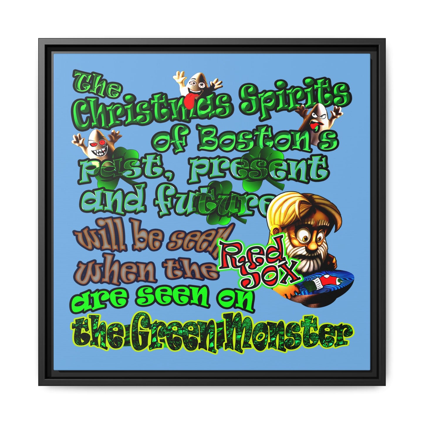 christmas spirits of boston - framed canvas art (light blue)