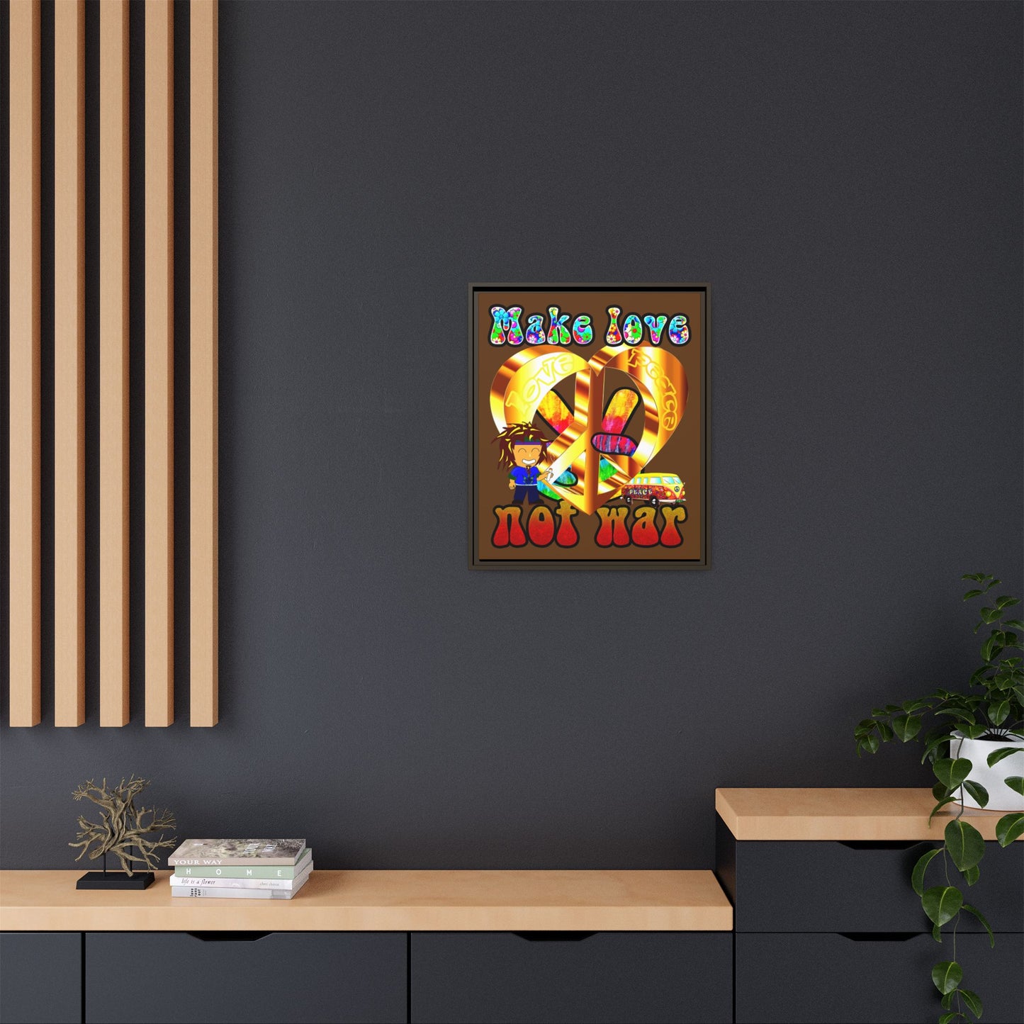 love peace - framed canvas art (brown)