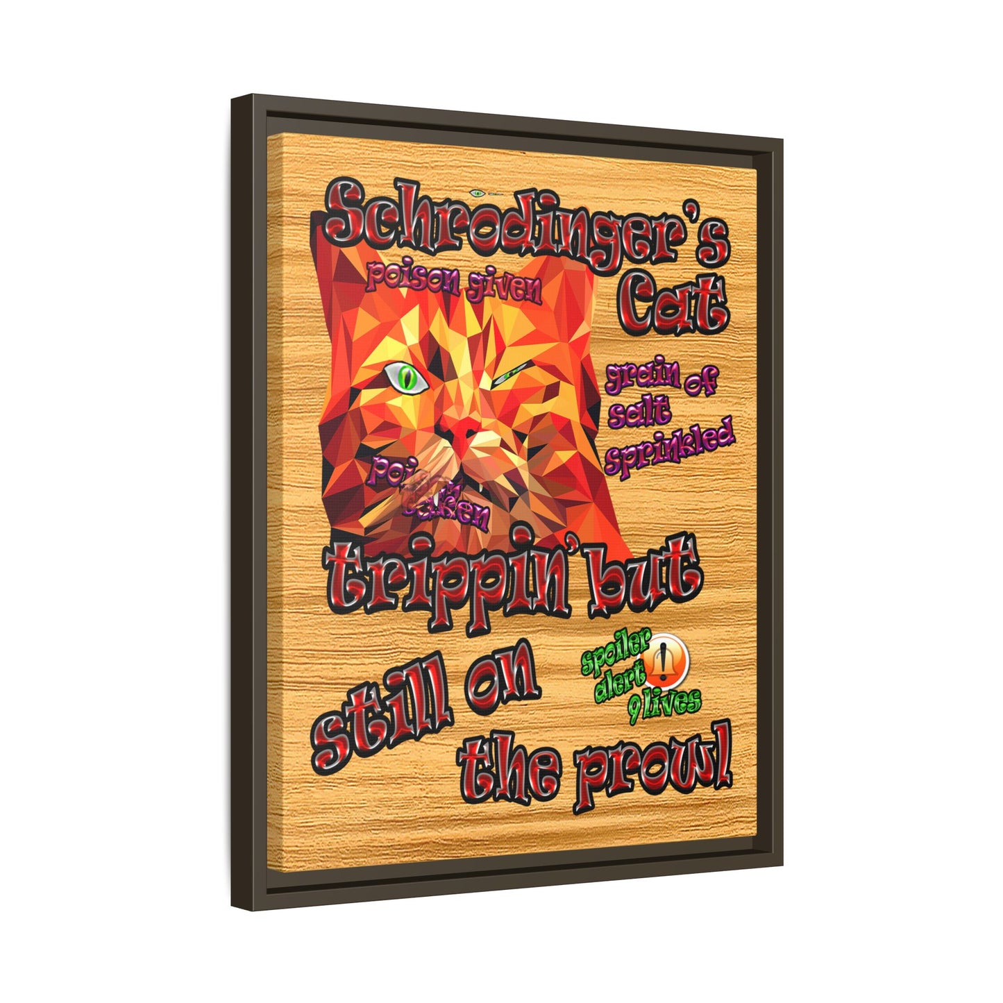 schrodinger's cat - framed canvas art (butterscotch wood finish)
