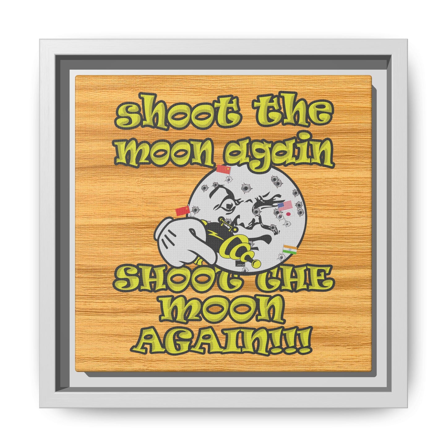 shoot the moon again - framed canvas art (butterscotch wood finish)
