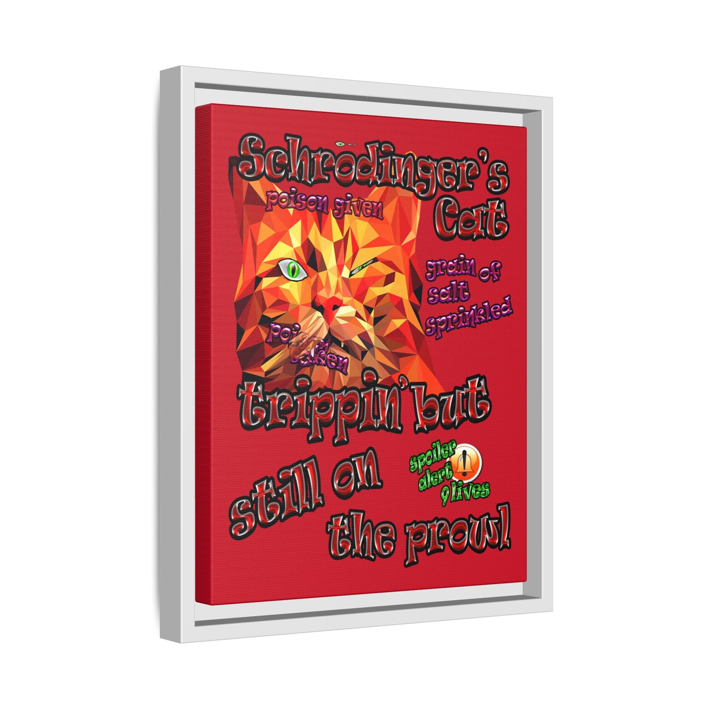 schrodinger's cat - framed canvas art (dark red)