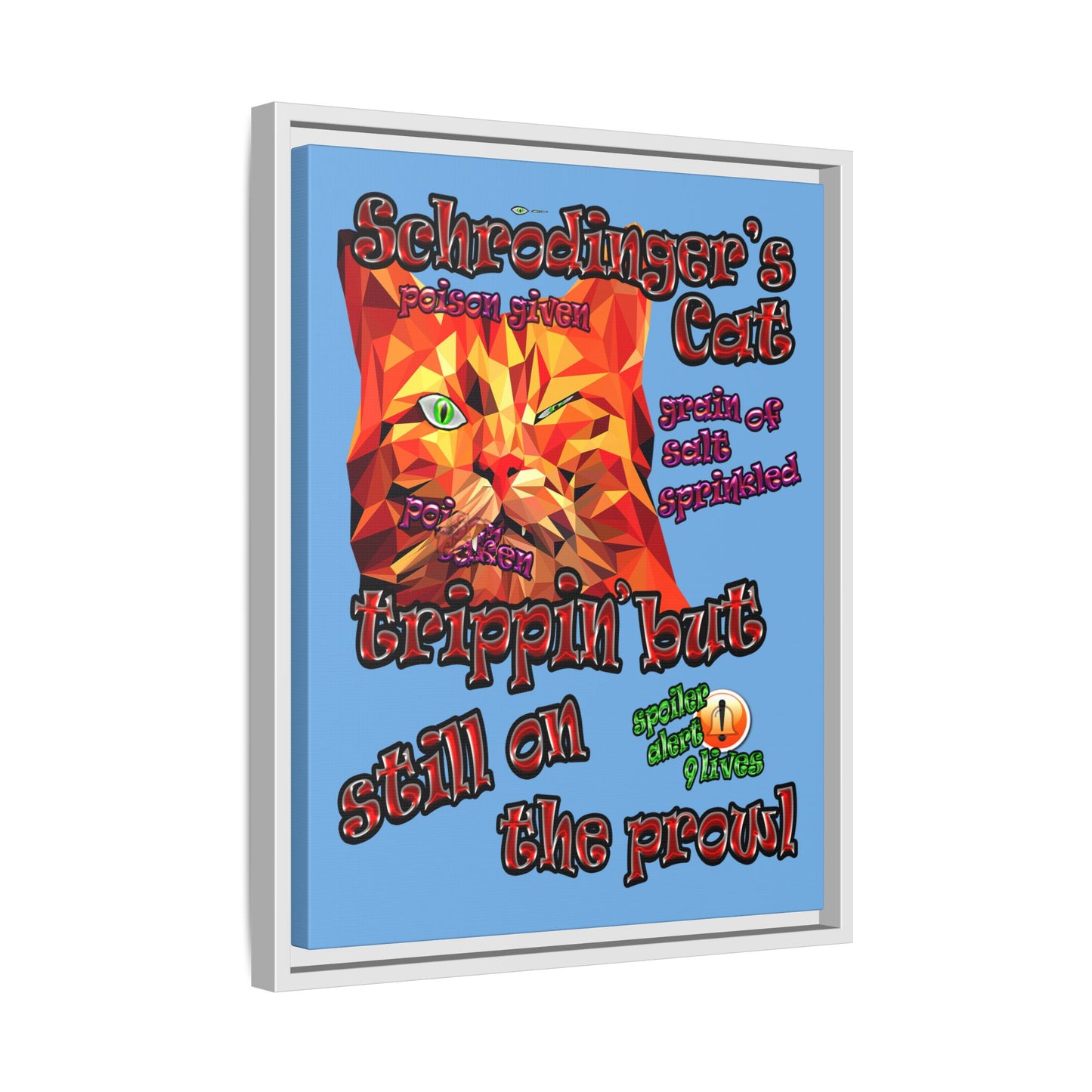 schrodinger's cat - framed canvas art (light blue)