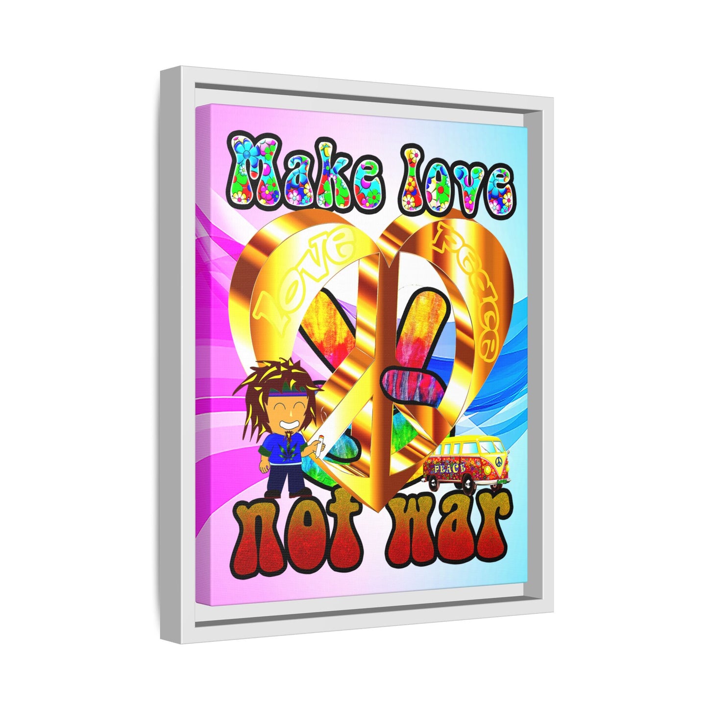 love peace - framed canvas art (light blue-pink wave)