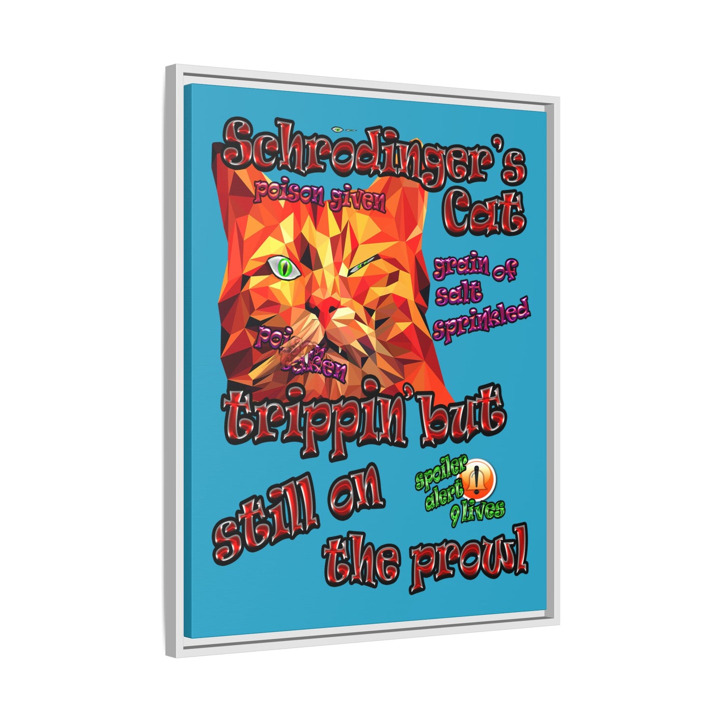schrodinger's cat - framed canvas art (turquoise)