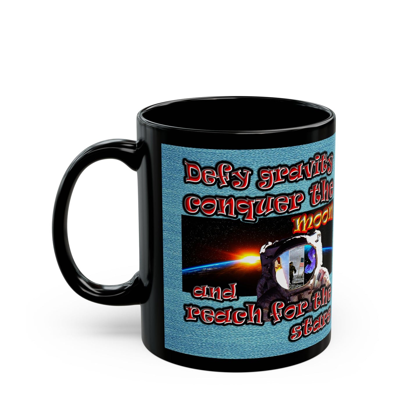 defy conquer reach - Black Mug (faded blue)