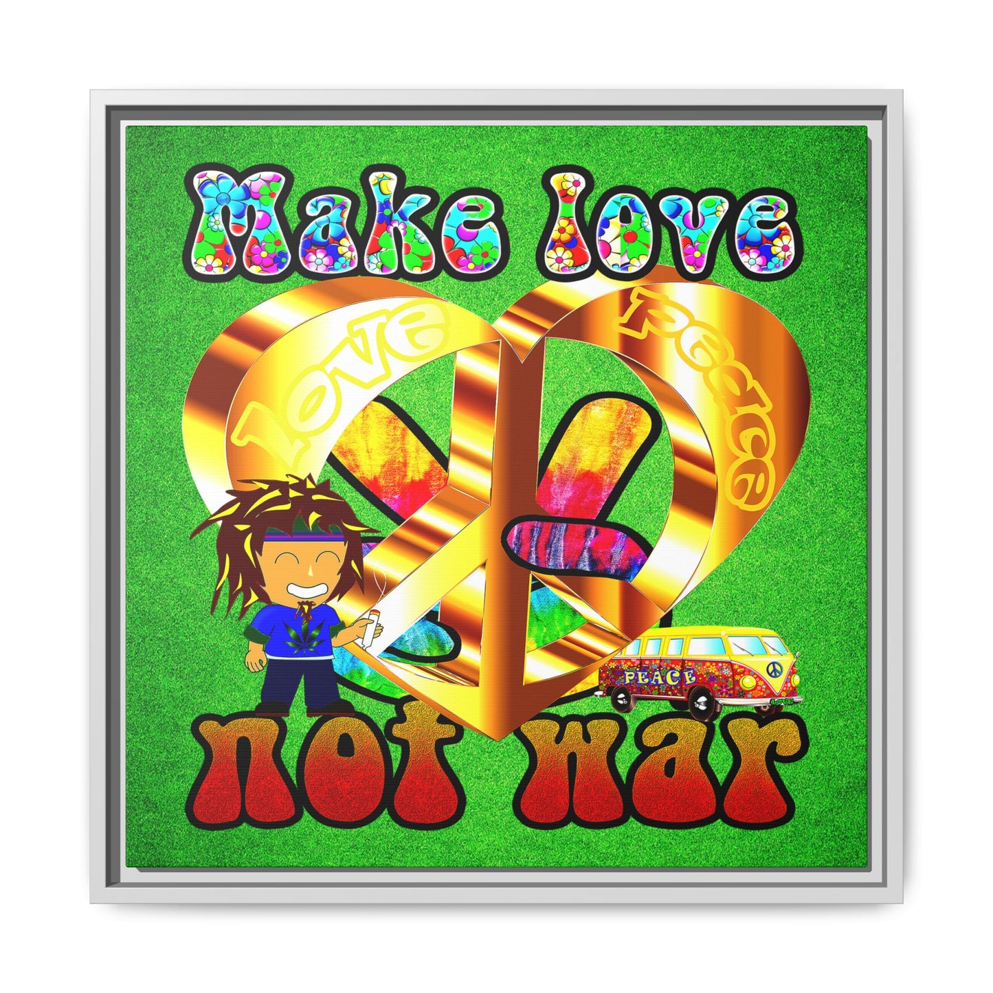 love peace - framed canvas art (green turf)