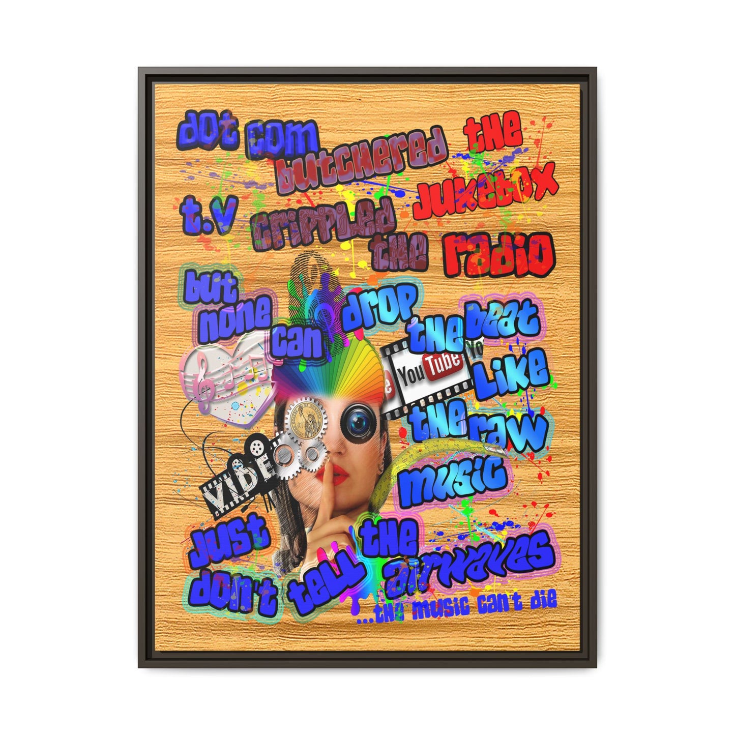 drop the beat - framed canvas art (butterscotch wood finish)